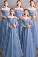 Blue Tulle Long Prom Dresses, A-Line Bridesmaid Dresses
