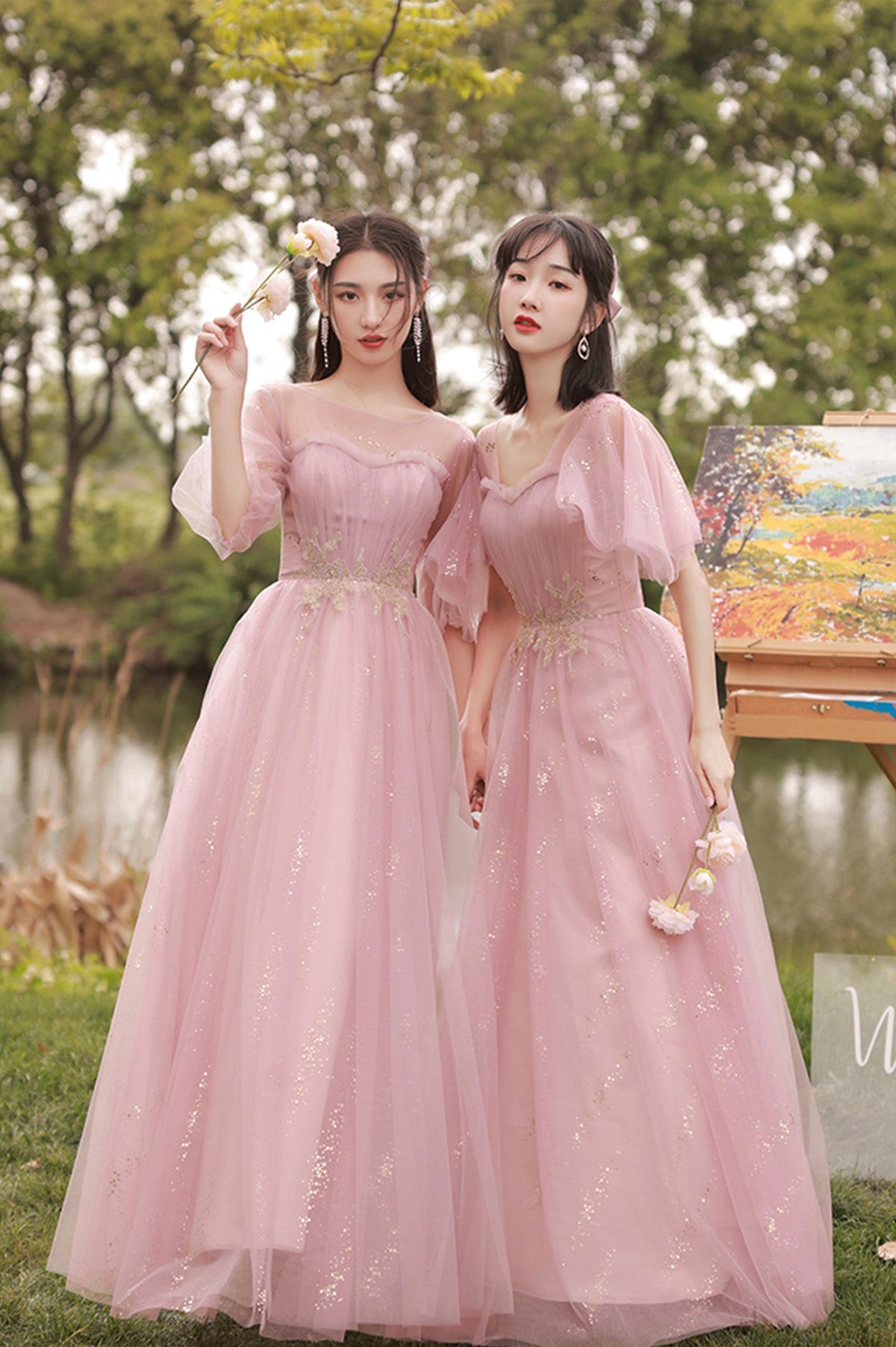 Pink Tulle Long Prom Dresses, A-Line Bridesmaid Dresses