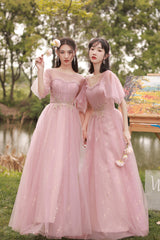 Pink Tulle Long Prom Dresses, A-Line Bridesmaid Dresses
