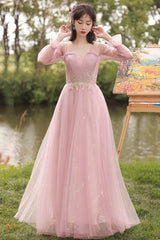 Pink Tulle Long Prom Dresses, A-Line Bridesmaid Dresses