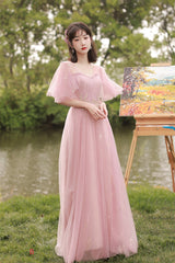 Pink Tulle Long Prom Dresses, A-Line Bridesmaid Dresses