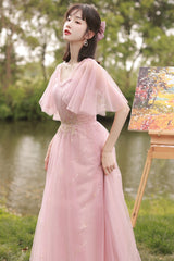 Pink Tulle Long Prom Dresses, A-Line Bridesmaid Dresses
