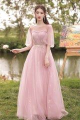 Pink Tulle Long Prom Dresses, A-Line Bridesmaid Dresses