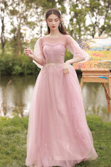 Pink Tulle Long Prom Dresses, A-Line Bridesmaid Dresses