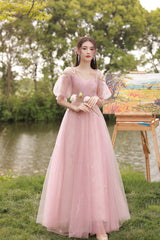 Pink Tulle Long Prom Dresses, A-Line Bridesmaid Dresses