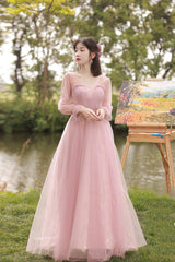 Pink Tulle Long Prom Dresses, A-Line Bridesmaid Dresses