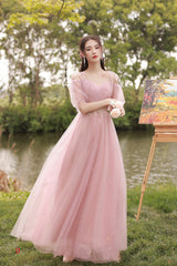Pink Tulle Long Prom Dresses, A-Line Bridesmaid Dresses