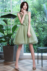 Green Tulle Short Prom Dress, Green A-Line Party Dress with Bow