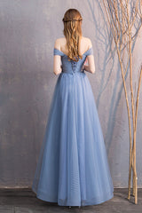 Blue Tulle Long Prom Dresses, A-Line Bridesmaid Dresses