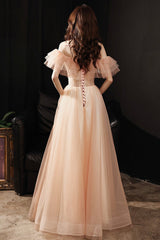 Pink Tulle Long A-Line Prom Dress with Sequins, Off the Shoulder Evening Party Dress