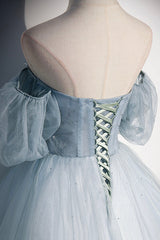Blue Tulle Long A-Line Prom Dress, Blue Off the Shoulder Evening Dress