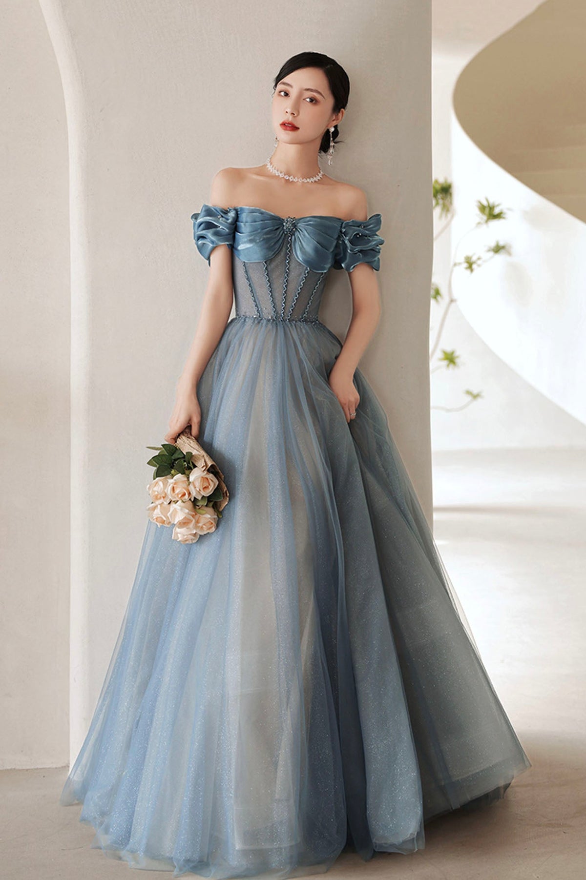 Blue Tulle Off the Shoulder Prom Dress, A-Line Evening Dress