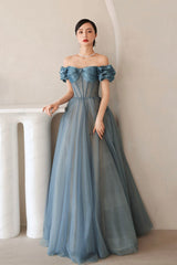 Blue Tulle Off the Shoulder Prom Dress, A-Line Evening Dress