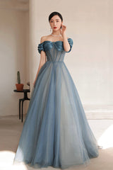 Blue Tulle Off the Shoulder Prom Dress, A-Line Evening Dress