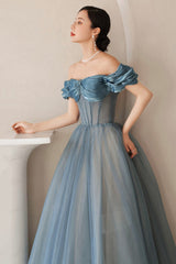 Blue Tulle Off the Shoulder Prom Dress, A-Line Evening Dress