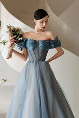 Blue Tulle Off the Shoulder Prom Dress, A-Line Evening Dress