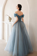 Blue Tulle Off the Shoulder Prom Dress, A-Line Evening Dress