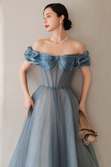 Blue Tulle Long A-Line Prom Dress, Elegant Off the Shoulder Formal Evening Dress