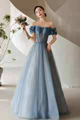 Blue Tulle Off the Shoulder Prom Dress, A-Line Evening Dress