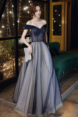 Blue Tulle Off the Shoulder Prom Dress, A-Line Evening Graduation Dress