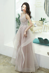 Pink Lace Long A-Line Prom Dress, Pink Spaghetti Straps Evening Dress