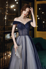 Blue Tulle Off the Shoulder Prom Dress, A-Line Evening Graduation Dress