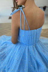 Blue Spaghetti Strap Tulle Knee Length Prom Dress, Cute A-Line Homecoming Dress