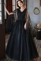 Black V-Neck Lace Long Prom Dress, Black A-Line Evening Party Dress