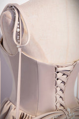 Pink Satin Long A-Line Prom Dress, Cute Spaghetti Strap Evening Dress with Bow