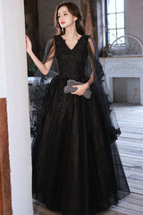 Black V-Neck Lace Long Prom Dress, Black A-Line Evening Party Dress