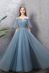 Blue Tulle Long Prom Dresses, A-Line Simple Evening Dresses