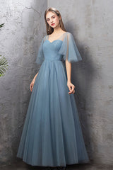 Blue Tulle Long Prom Dresses, A-Line Simple Evening Dresses