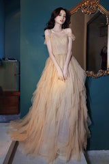 A-Line Tulle Long Prom Dress with Sequins, Spaghetti Straps Evening Dress