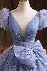 Blue Tulle Sequins Long Prom Dress, A-Line Evening Gown with Bow