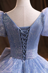 Blue Tulle Sequins Long Prom Dress, A-Line Evening Gown with Bow