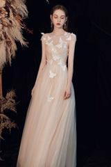 Champagne Tulle Long Prom Dress with Butterfly, A-Line Evening Party Dress