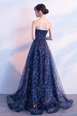 Blue Tulle Sequins Long Prom Dresses, A-Line Strapless Evening Dresses