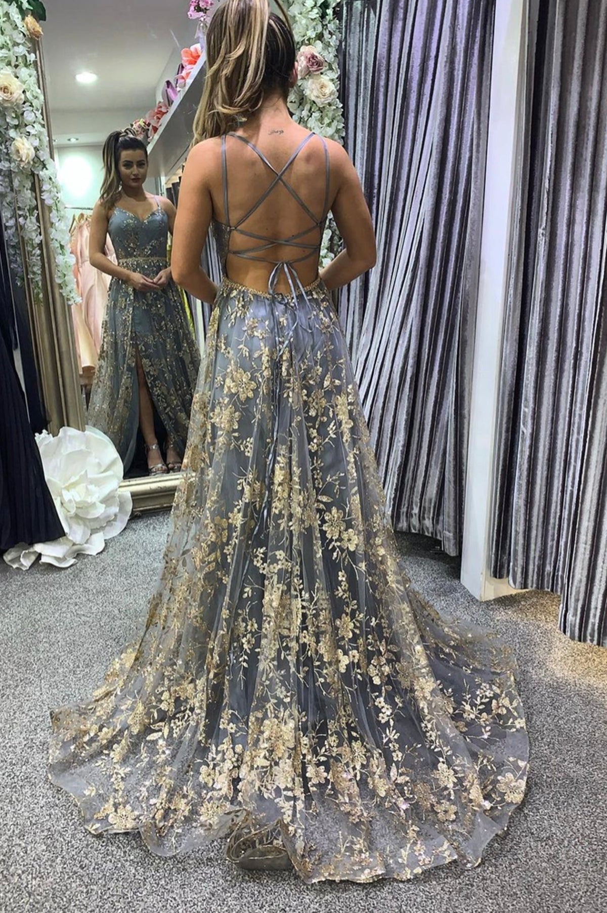 A-Line Tulle Sequins Long Backless Prom Dresses, Graduation Dresses