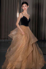 A-Line Velvet Tulle Long Prom Dress, Cute Spaghetti Strap Graduation Dress