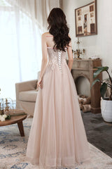 Pink Strapless Lace Long Prom Dresses, A-Line Evening Dresses