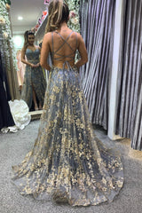A-Line Tulle Sequins Long Backless Prom Dresses, Graduation Dresses