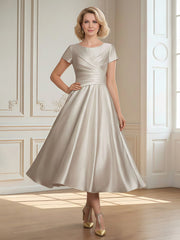 A-Line Scoop Satin Tea-Length Dress With Pleated Ivory