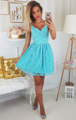 Short Blue Lace Homecoming Dress Party Dress
