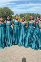Elegant Square A-line Long Teal Bridesmaid Dress with Belt