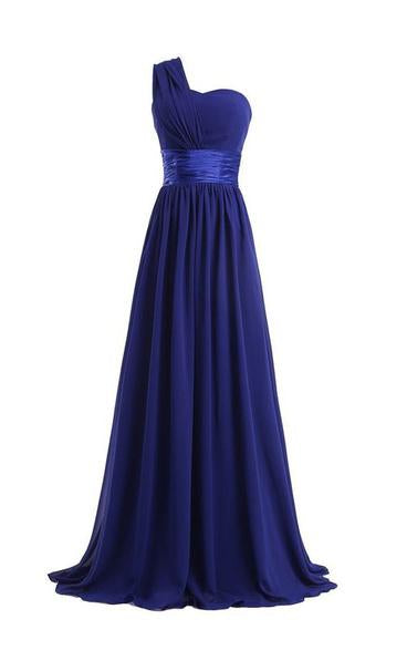 Kolom Een schouderbodemlengte Chiffon Royal Blue Bridesmeisje jurken
