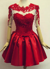 Red Short Sleeves Satin and Applique Homecoming Dresses, Red Short Prom Dresses, Formal Dress