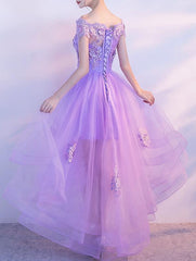 Lavender High Low Scoop Off Shoulder Party Dress, Cute Teen Party Dresses
