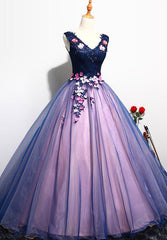 Lovely Organza Pink and Blue Flowers Sweet 16 Gown, Long Formal Gown