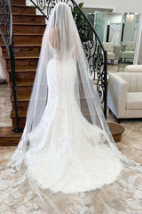 White Floral Lace Plunge V Backless Mermaid Long Wedding Dress