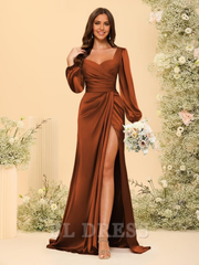 A-line V Neck Long Sleeve Satin Pleated formal dresses Bridesmaid Dresses evening gown Prom Dress with Slit